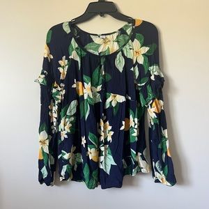 Old Navy Floral Blouse Ruffle Cap Long Sleeve Keyhole Tie Neckline Small